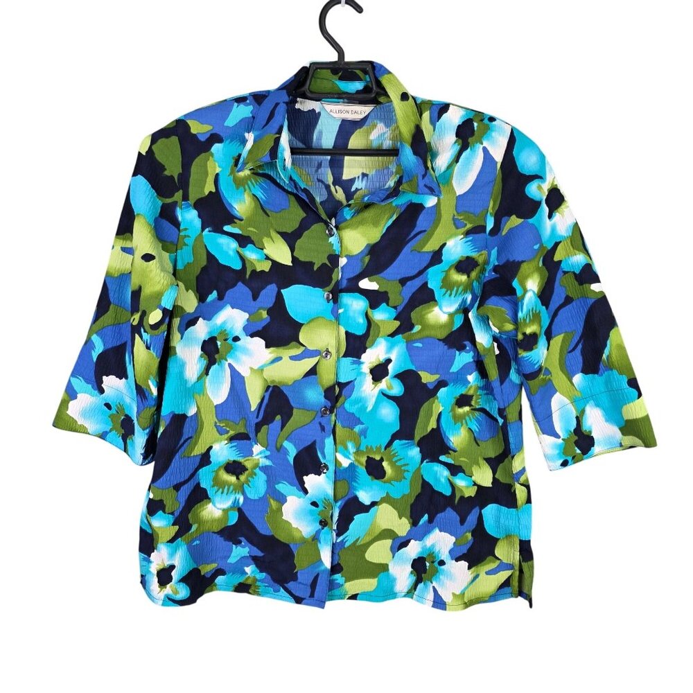 Womens Allison Daley Blue Green Floral Blouse Button Up 3/4 Sleeve Size 2X